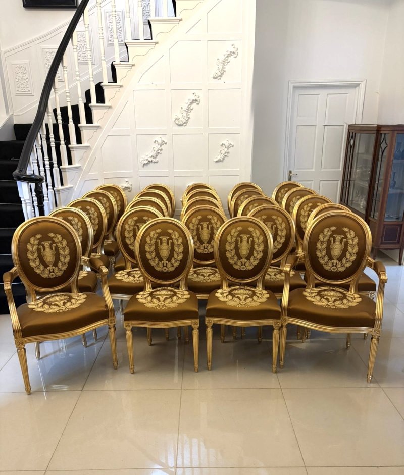 Large Rare Suite of 42 Matching Louis XVI Style Giltwood Dining Chairs with Silk Damask Upholstery